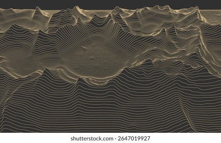 Contorno paisagem de montanha. Linha de arte ondulada. Mapa topográfico mínimo abstrato. Contornos com altitudes e profundidade do terreno. Ilustração vetorial.