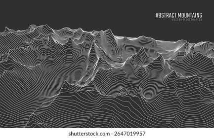Contorno paisagem de montanha. Linha de arte ondulada. Mapa topográfico mínimo abstrato. Contornos com altitudes e profundidade do terreno. Ilustração vetorial.