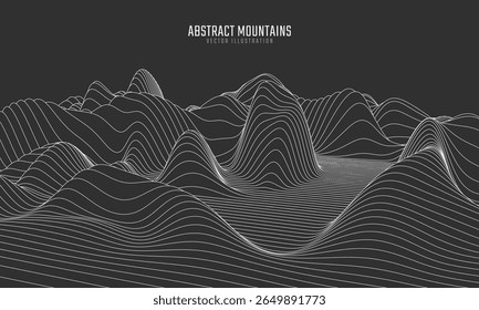 Contorno paisagem de montanha. Linha de arte ondulada. Mapa topográfico mínimo abstrato. Contornos com altitudes e profundidade do terreno. Ilustração vetorial.