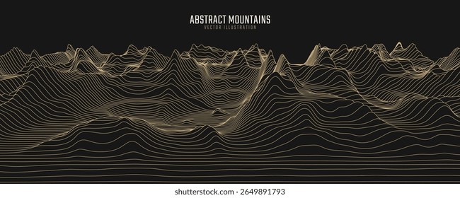 Contour mountain landscape. Waved line art. Abstract minimal topographic map. Contour lines with elevations and terrain depth. Vector illustration.