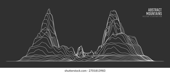 Contour mountain landscape. Waved line art. Abstract minimal topographic map. Contour lines with elevations and terrain depth. Vector illustration.