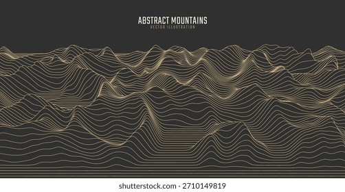 Contorno paisagem de montanha. Linha de arte ondulada. Mapa topográfico mínimo abstrato. Contornos com altitudes e profundidade do terreno. Ilustração vetorial.