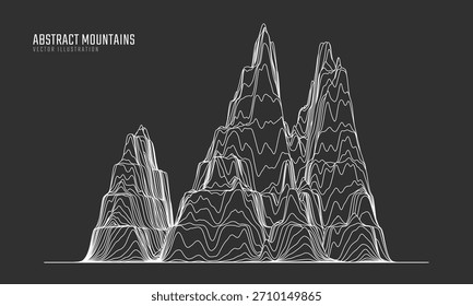 Contour mountain landscape. Waved line art. Abstract minimal topographic map. Contour lines with elevations and terrain depth. Vector illustration.