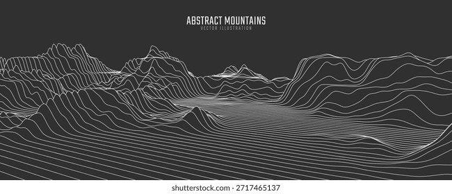 Paisaje de montaña de contorno. Arte de línea ondulada. Abstractas mapa topográfico mínimo. Líneas de contorno con elevaciones y profundidad del terreno. Ilustración vectorial.