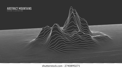 Contour mountain landscape. Waved line art. Abstract minimal topographic map. Contour lines with elevations and terrain depth. Vector illustration.