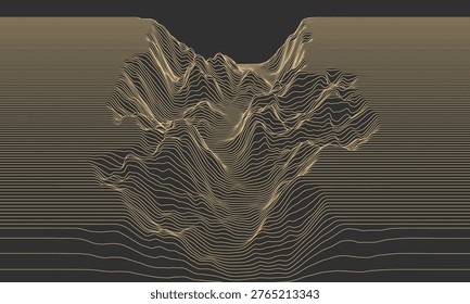 Contour mountain landscape. Waved line art. Abstract minimal topographic map. Contour lines with elevations and terrain depth. Vector illustration.