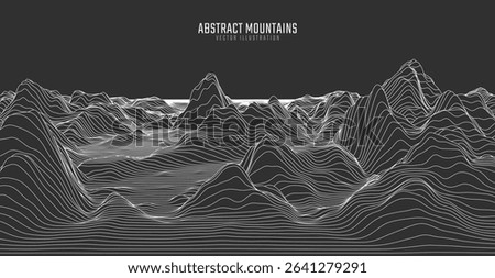 Contour mountain landscape. Waved line art. Abstract minimal topographic map. Contour lines with elevations and terrain depth. Vector illustration.