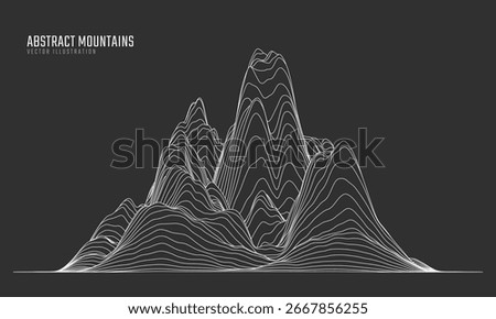 Contour mountain landscape. Waved line art. Abstract minimal topographic map. Contour lines with elevations and terrain depth. Vector illustration.