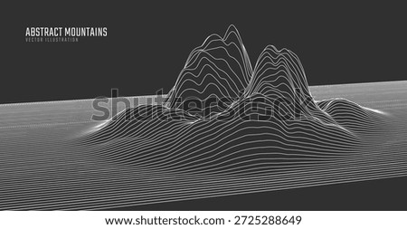 Contour mountain landscape. Waved line art. Abstract minimal topographic map. Contour lines with elevations and terrain depth. Vector illustration.