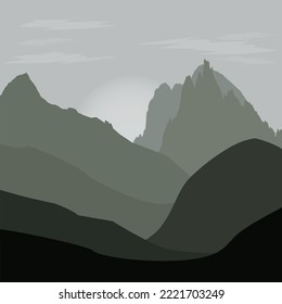 The contour of the mountains against the background of the rising sun in blue-green tones with transparent clouds in the sky. For design about travel, tourism, climbers. Vector illustration.