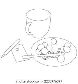 The contour of a mug with a plate with a berry and a handle from black lines isolated on a white background. Isometric view. Vector illustration.