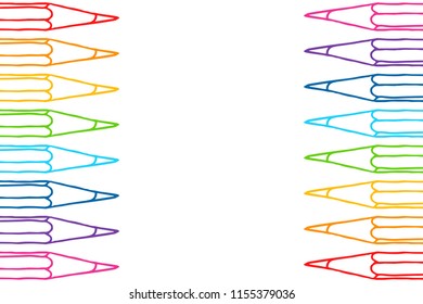 Contour multicolor pencils border isolated over white. Art stationery hand drawn vector doodle illustration blank frame. 