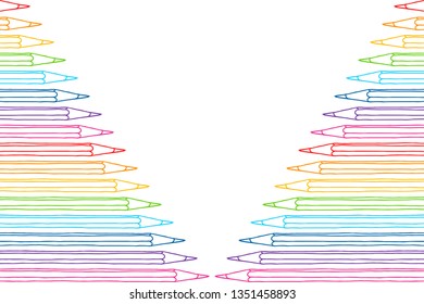 Contour multicolor pencils border isolated over white. Art stationery hand drawn vector doodle illustration blank frame. 