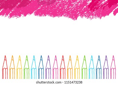Contour multicolor pencils and freeform pink strokes border isolated over white. Art stationery hand drawn vector doodle illustration blank frame. 