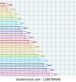 Contour multicolor pencils square border over chequered notebook page. Art stationery hand drawn vector doodle illustration blank frame. 