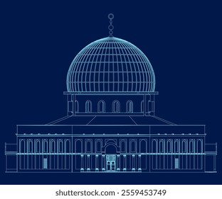 Contour Municipal building with central dome, arched entrances, numerous windows on each floor, vector illustration art