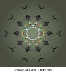 Contour neutral, gray and green mandala shaped snowflakes for art therapy style zen drawing. Hand-drawn, stylish doodle in tatto style, fabric design and cards in Vector illustration.