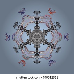 Contour neutral, gray and violet mandala shaped snowflakes for art therapy style zen drawing. Hand-drawn, stylish doodle in tatto style, fabric design and cards in Vector illustration.