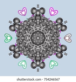 Contour neutral, gray and white mandala shaped snowflakes for art therapy style zen drawing. Hand-drawn, stylish doodle in tatto style, fabric design and cards in Vector illustration.