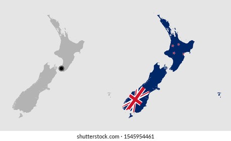 Contour of New Zealand in grey and in flag colors