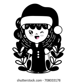 contour nice girl with christmas clothes and branches leaves design