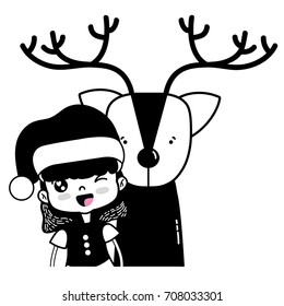contour nice girl with christmas clothes and reindeer