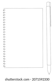 Contorno de la barra de notas con la pluma procedente de líneas negras aisladas sobre fondo blanco. Vista desde arriba. Ilustración del vector