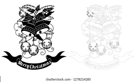 The contour and the object. Pattern, branch with toys and bells. Christmas invitation with a Christmas toy. Vector. Cliche. Merry Christmas. For laser cutting, plotter and silkscreen printing.