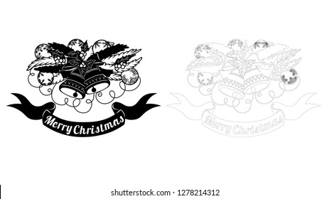 The contour and the object. Pattern, branch with toys and bells. Christmas invitation with a Christmas toy. Vector. Cliche. Merry Christmas. For laser cutting, plotter and silkscreen printing.