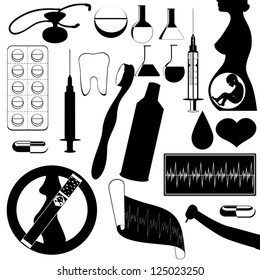 The contour of objects on the topic of medicine. Black and white illustration.
