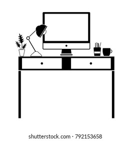 contour office desk with lamp and computer screen
