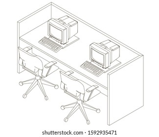Contour office desk with old computers and armchairs. View isometric. Vector illustration