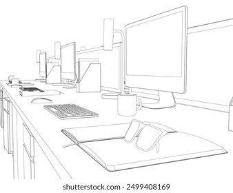 Contour Office room. There are tables, chairs, computers, case for documents and other objects. Office interior with furniture. Modern business workplace or workspace design. Vector illustration. 3D