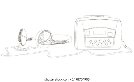 Contour of an old audio player on cassettes with headphones. Vector illustration.