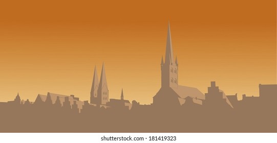 Contour of the old city on an orange background