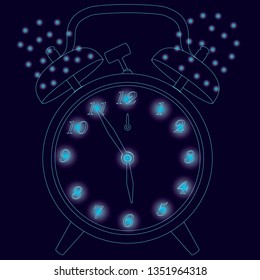 Contour of the old clock with an alarm clock. Contour of the clock of the blue lines on a dark background with glowing lights. Vector illustration