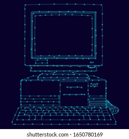 Die Kontur eines alten Computers aus blauen Linien mit hellen Lichtern auf dunklem Hintergrund. Vorderseite. Vektorillustration