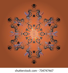 Contour orange, gray and neutral mandala shaped snowflakes for art therapy style zen drawing. Hand-drawn, stylish doodle in tatto style, fabric design and cards in Vector illustration.