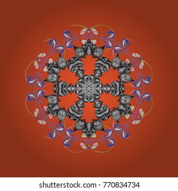 Contour orange, gray and violet mandala shaped snowflakes for art therapy style zen drawing. Hand-drawn, stylish doodle in tatto style, fabric design and cards in Vector illustration.