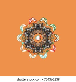 Contour orange, gray and white mandala shaped snowflakes for art therapy style zen drawing. Hand-drawn, stylish doodle in tatto style, fabric design and cards in Vector illustration.