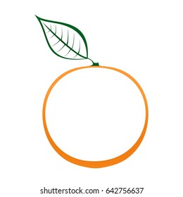 Contour of orange an orange with green stem green leaf on white background. Ripe summer natural home made fruits 