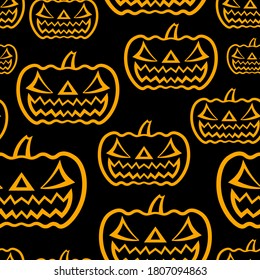 Contour orange halloween pumpkin isolated on black background. Cute festive seamless pattern. Vector flat graphic illustration. Texture.