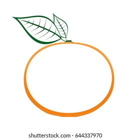 Contour of orange mandarin with green stem green leaf on white background. Ripe summer natural home made fruits