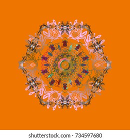 Contour orange, neutral and gray mandala shaped snowflakes for art therapy style zen drawing. Hand-drawn, stylish doodle in tatto style, fabric design and cards in Vector illustration.