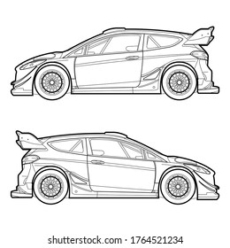contour outline drawing of world modern hatchback rally automobile car vector illustrations