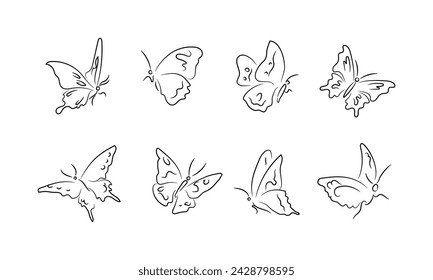 Contour or outline sketches of beautiful butterflies flying or sitting with folded or spread wings