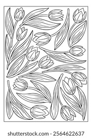 Contour outline tulips for coloring page with elegant flowers and flowing leaves. Vector drawing isolated on white background. Spring botanical composition