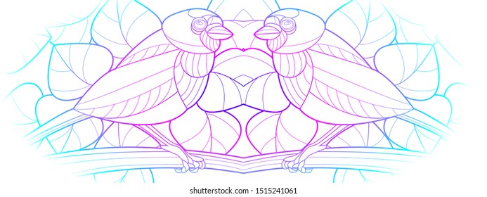 contour oval illustration with a composition of birds sitting on a branch