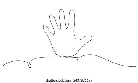 Contour of the palm of the hand without a break, one-line drawing. welcome sign, hand waving hello. vector