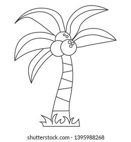 Contour of palm tree with coconut, which can be used as a coloring. Isolated on white background. Vector illustration.